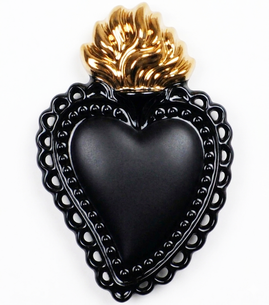 Cuore "Ex Voto" nero con la Fiamma Laccata oro in ceramica