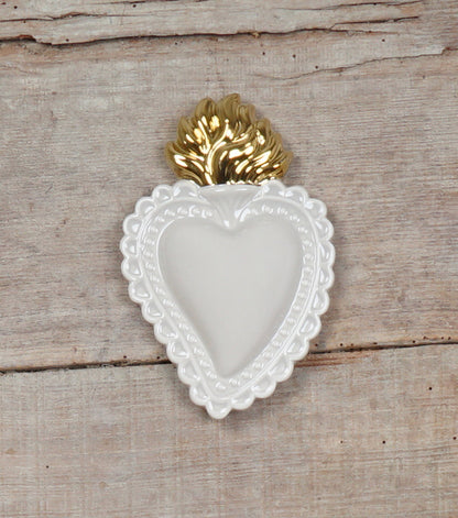 Cuore "Ex Voto" beige con la Fiamma Laccata in ceramica