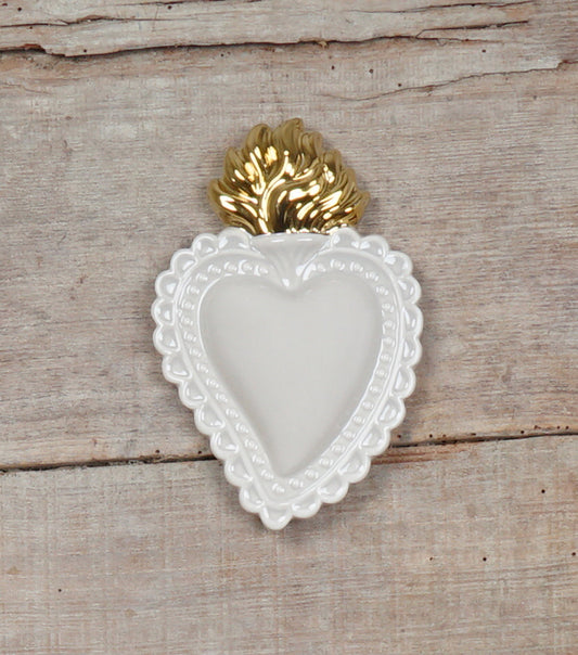 Cuore "Ex Voto" beige con la Fiamma Laccata in ceramica