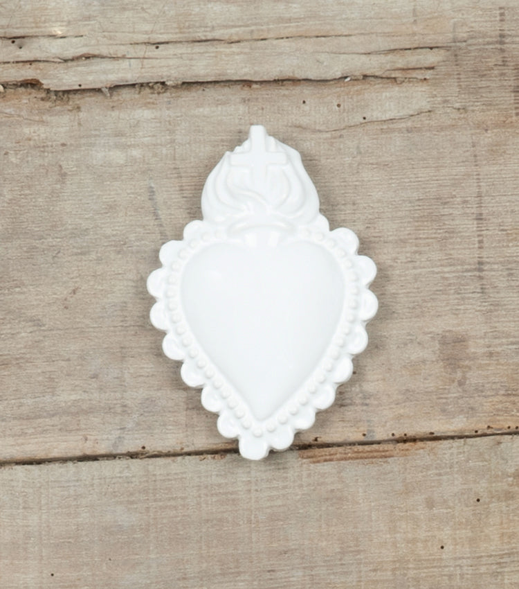 Cuore "Ex Voto" bianco con Croce in ceramica