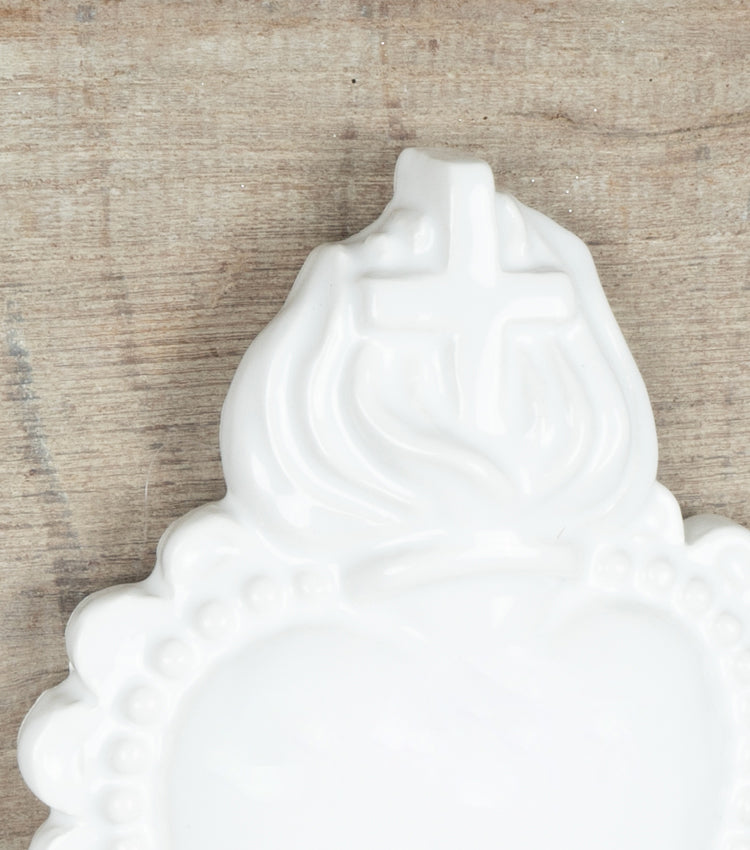 Cuore "Ex Voto" bianco con Croce in ceramica